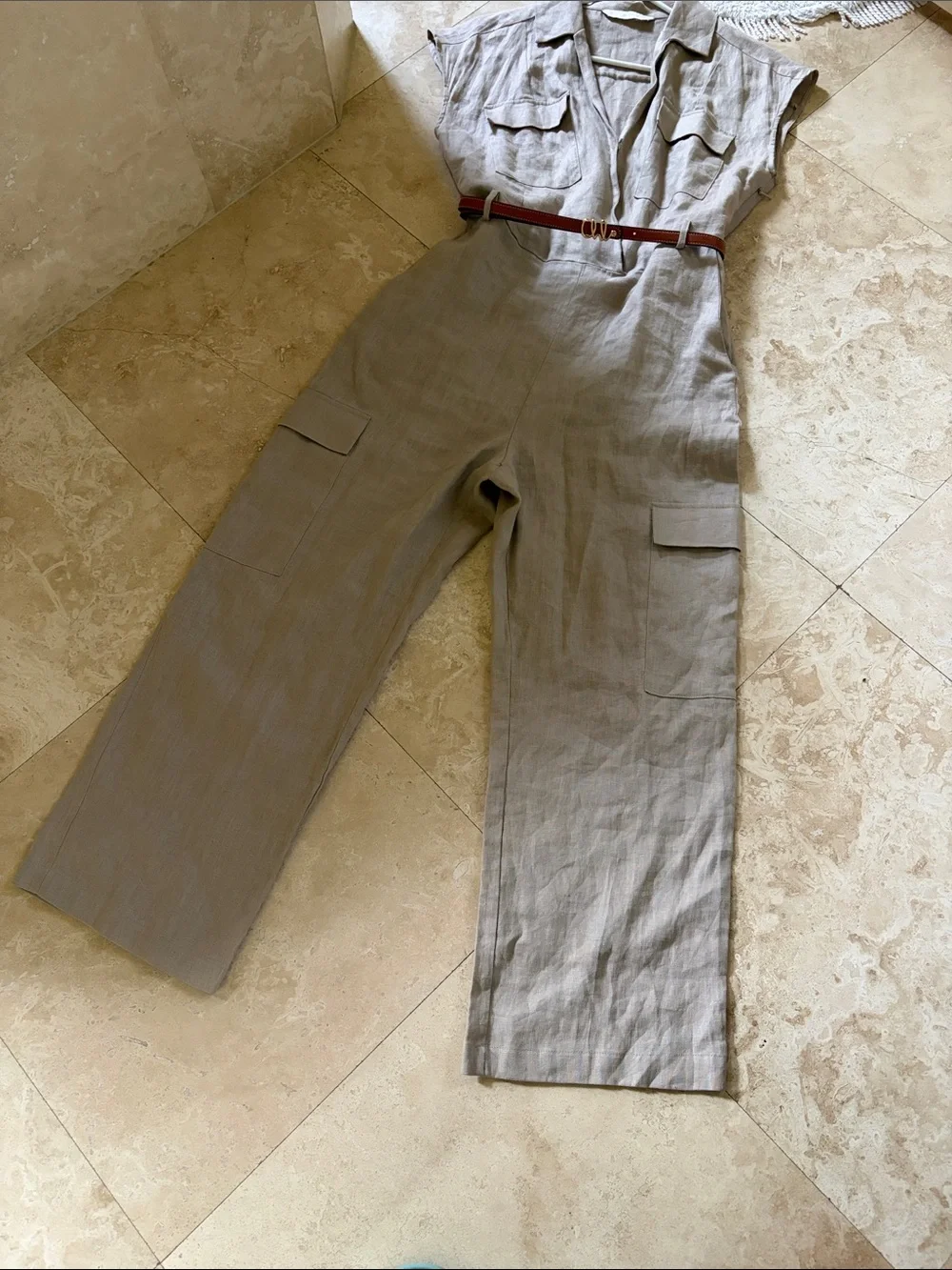 MNG beige color 100% linen jumpsuit
